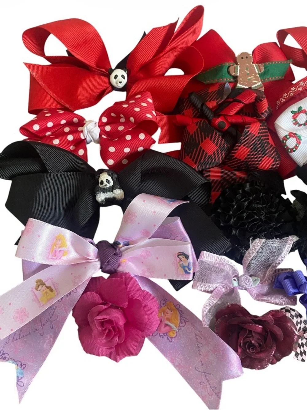 24pcs Assorted Girls Hair Bows and Flower Clips - Red, Black, Pink, Purple, Blue